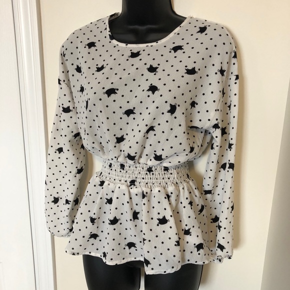 🐱 Stella Tweed Black Cat Print Dressy Top XS - Picture 1 of 7